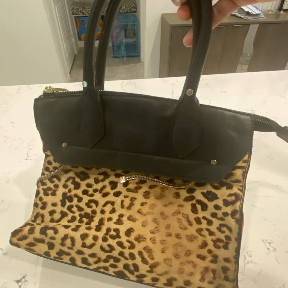 Aldo Leopard Print Black Leather Tote Bag